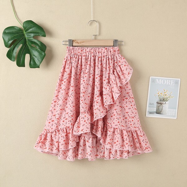 

Girls Ditsy Floral Wrap & Ruffle Hem Skirt, Baby pink