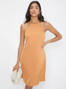 SHEIN Solid Halter Dress - Orange - View 1