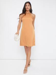 SHEIN Solid Halter Dress - Orange - View 3