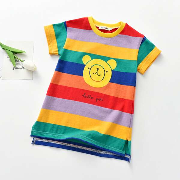 

Toddler Girls Rainbow Stripe Cartoon Graphic Tee Dress, Multicolor
