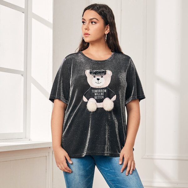

Plus Cartoon Graphic Glitter Tee, Black