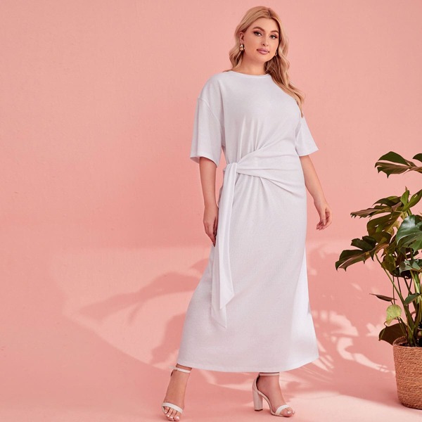 

Plus Drop Shoulder Knot Side Dress, White