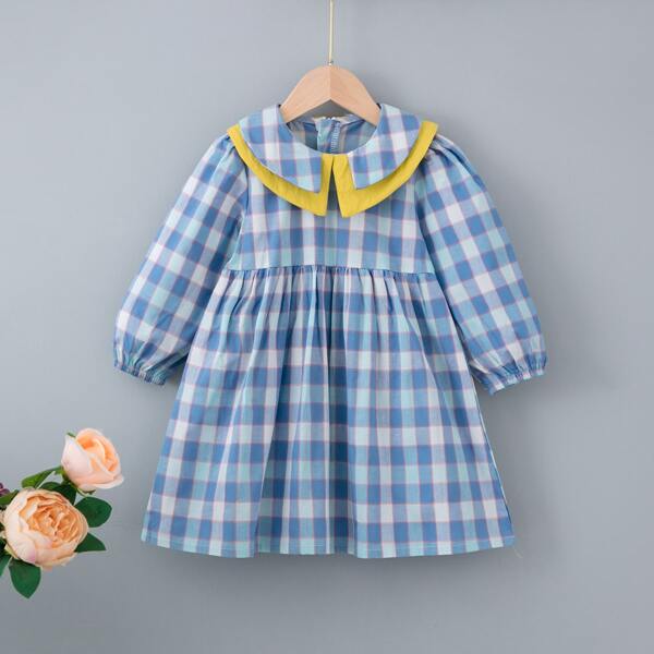 

Toddler Girls Plaid Doll Collar Smock Dress, Blue and white