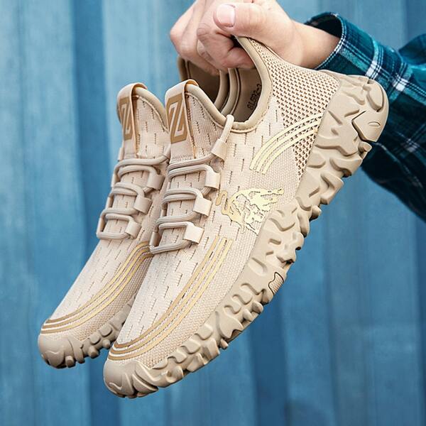

Men Lace Up Decor Knit Running Shoes, Beige