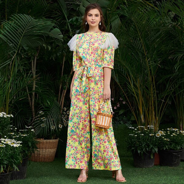 

Mesh Ruffle Trim Belted Floral Cropped Jumpsuit, Multicolor