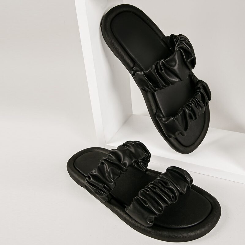 

Faux Leather Dual Ruched Vamp Sandals, Black
