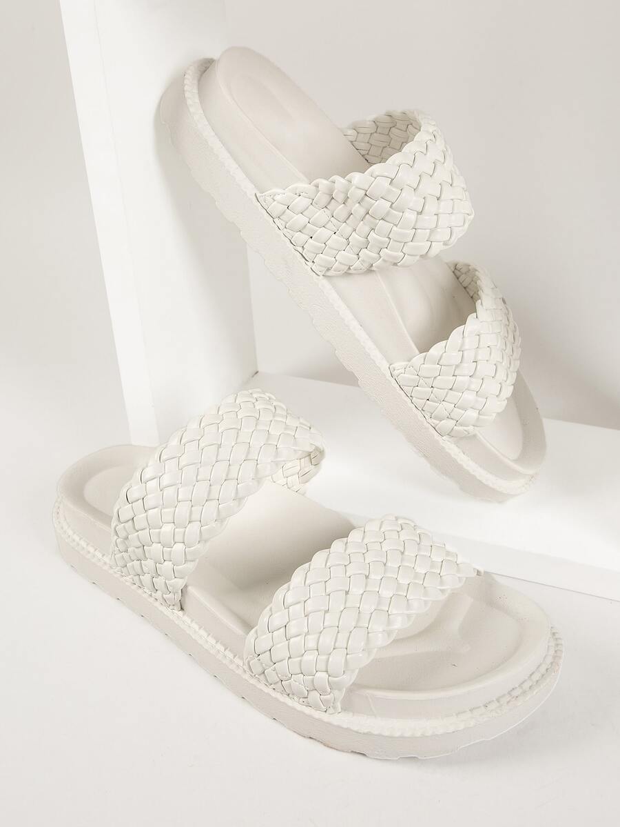 Braided Double Strap Slide Sandals - White - View 1