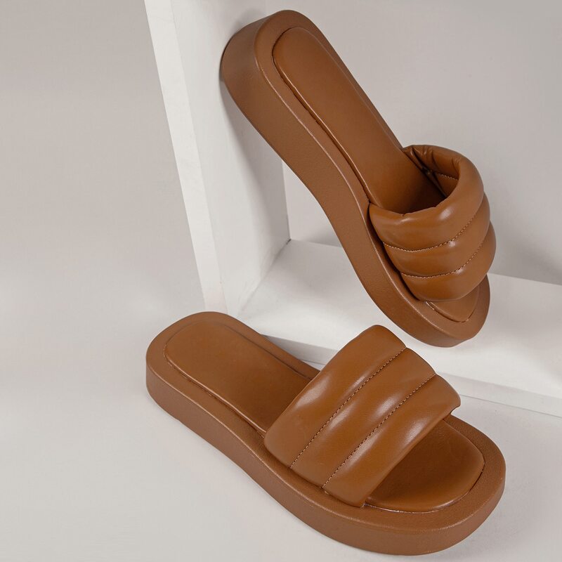 

Puffy Faux Leather Square Toe Slides, Coffee brown