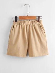 SHEIN 小男童字母貼布T恤帶短褲 - 卡其色 - 查看 5