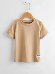 SHEIN 小男童字母貼布T恤帶短褲 - 卡其色 - 查看 9