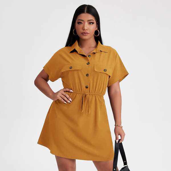 

Plus Button Half Flap Detail Dress, Mustard yellow