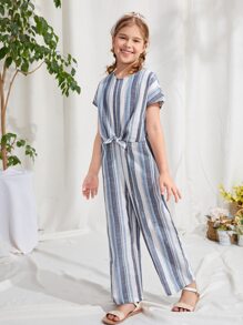 SHEIN 女孩結飾條紋拼色寬管連身長褲 - 彩色 - 查看 1