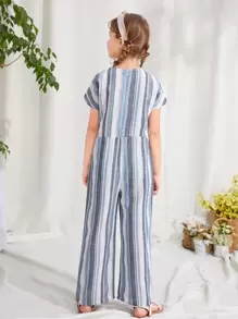 SHEIN 女孩結飾條紋拼色寬管連身長褲 - 彩色 - 查看 2