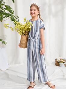SHEIN 女孩結飾條紋拼色寬管連身長褲 - 彩色 - 查看 4
