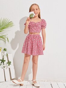 SHEIN 女孩泡泡袖前扭結打褶小碎花上衣和半身裙套裝 - 紅色 - 查看 5
