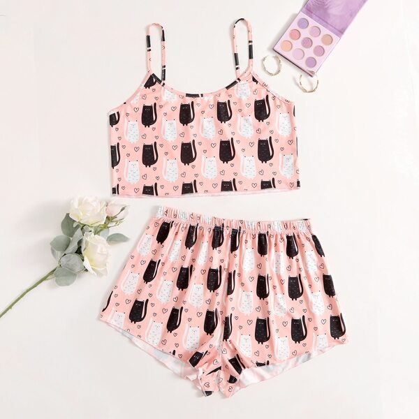 

Plus Allover Cartoon Graphic Cami PJ Set, Multicolor