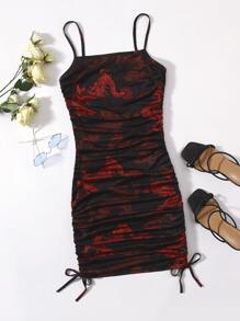 Muchica Vestido Chino Con Estampado De Dragón Y Cordón De Ajuste Con Laterales Fruncidos - Negro - Ver 1