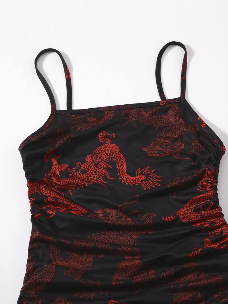Muchica Chinese Dragon Print Drawstring Ruched Side Dress - Black - View 5