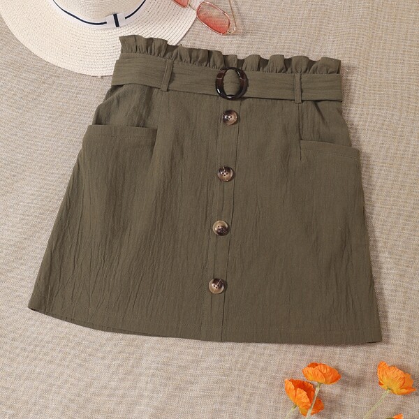 

Button Front Belted Mini Skirt, Army green