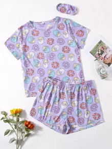 Plus Donuts Print Pyjama Set & Eye Cover - Lilac Purple - View 1