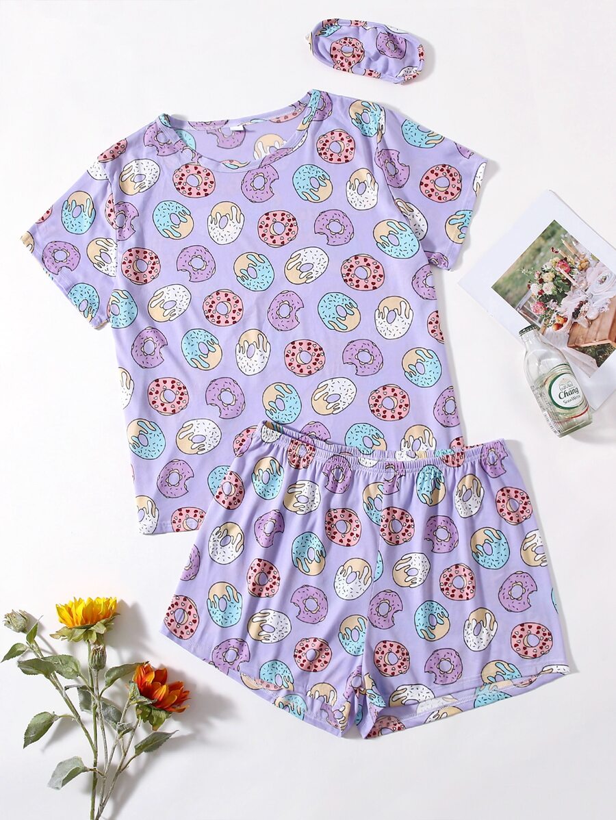 Plus Donuts Print Pyjama Set & Eye Cover - Lilac Purple - View 1
