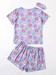 Plus Donuts Print Pyjama Set & Eye Cover - Lilac Purple - View 2