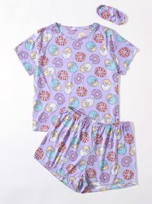 Plus Donuts Print Pyjama Set & Eye Cover - Lilac Purple - View 3