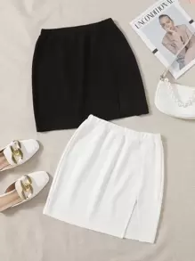 SHEIN EZwear 2 Gói Váy Xẻ Viền Lưng Thun Co Giãn - Đen và trắng - Xem 1