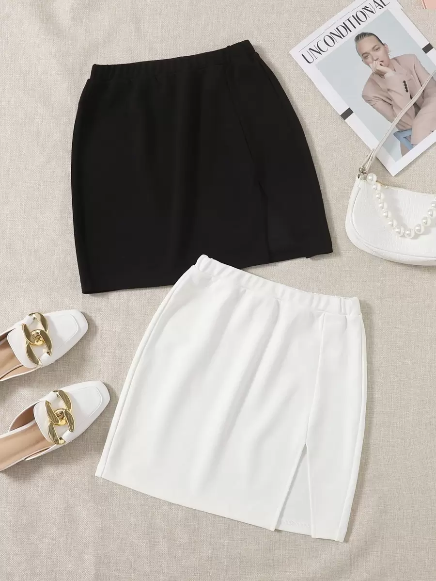 SHEIN EZwear 2 Gói Váy Xẻ Viền Lưng Thun Co Giãn - Đen và trắng - Xem 1