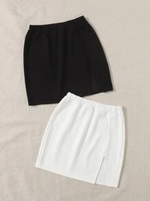 SHEIN EZwear 2 Gói Váy Xẻ Viền Lưng Thun Co Giãn - Đen và trắng - Xem 3
