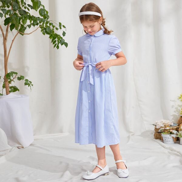 

Girls Peter Pan Collar Belted Striped Shirt Dress, Blue and white