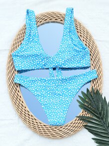 Bikini con nudo delantero de estampado dálmata, para vacaciones de verano en la playa - Azul y blanco - Ver 2