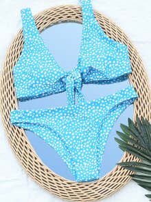 Bikini con nudo delantero de estampado dálmata, para vacaciones de verano en la playa - Azul y blanco - Ver 3