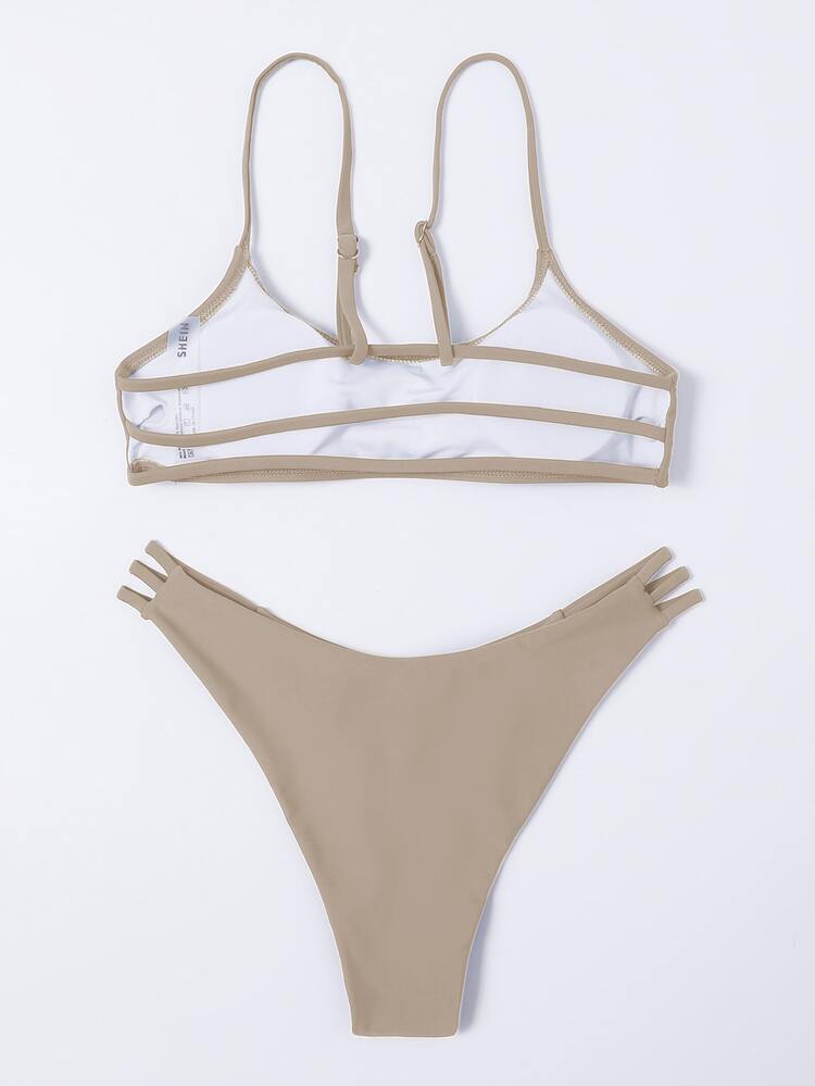 Solid Thong Bikini For Summer Beach Vacation - Apricot - View 2