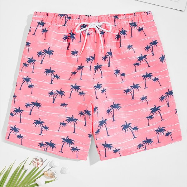 

Men Tropical Print Drawstring Waist Swim Trunks, Pink