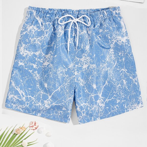 

Men Allover Print Drawstring Waist Swim Trunks, Baby blue
