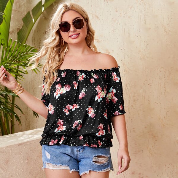 

Plus Floral And Polka Dot Bardot Top, Black