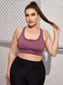 Plus High Support Mesh Insert Racer Back Sports Bra - Purple - View 1