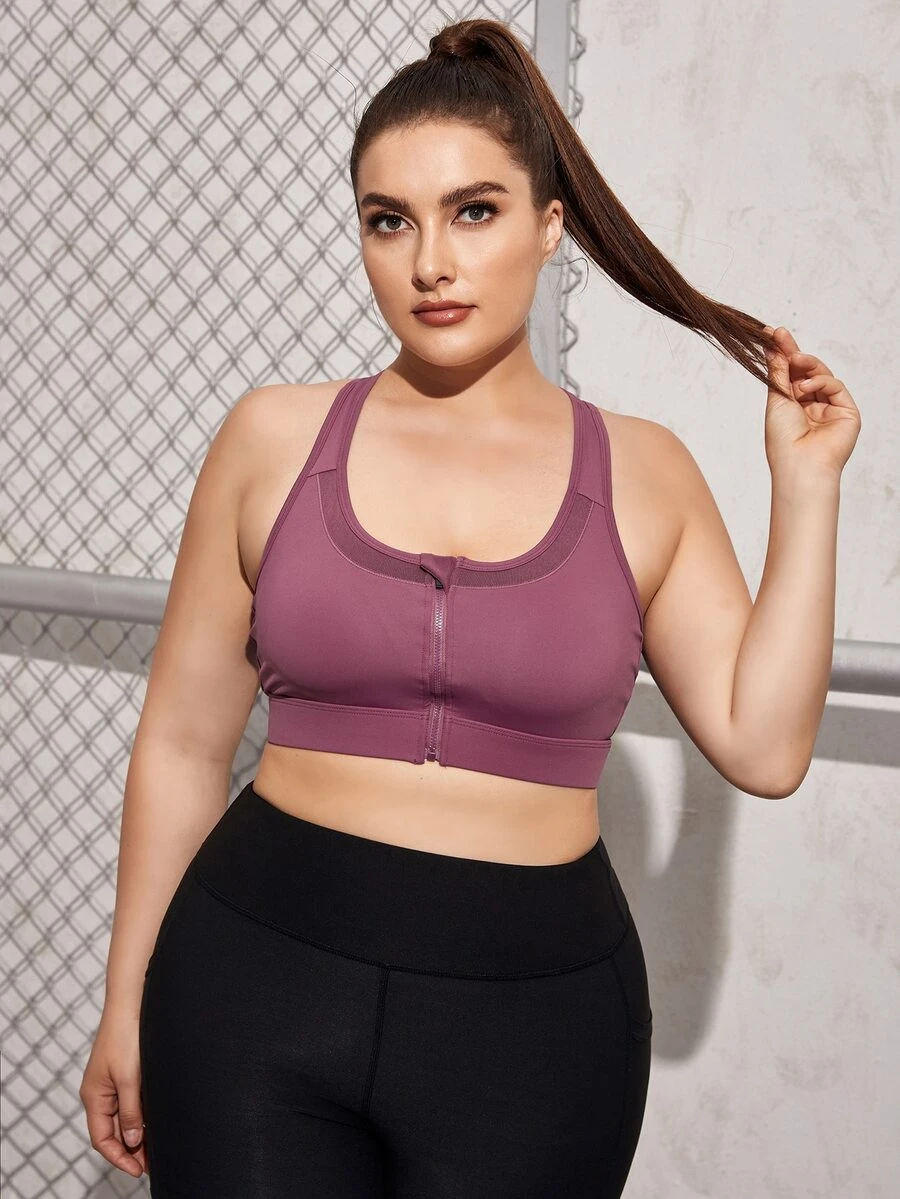 Plus High Support Mesh Insert Racer Back Sports Bra - Purple - View 1