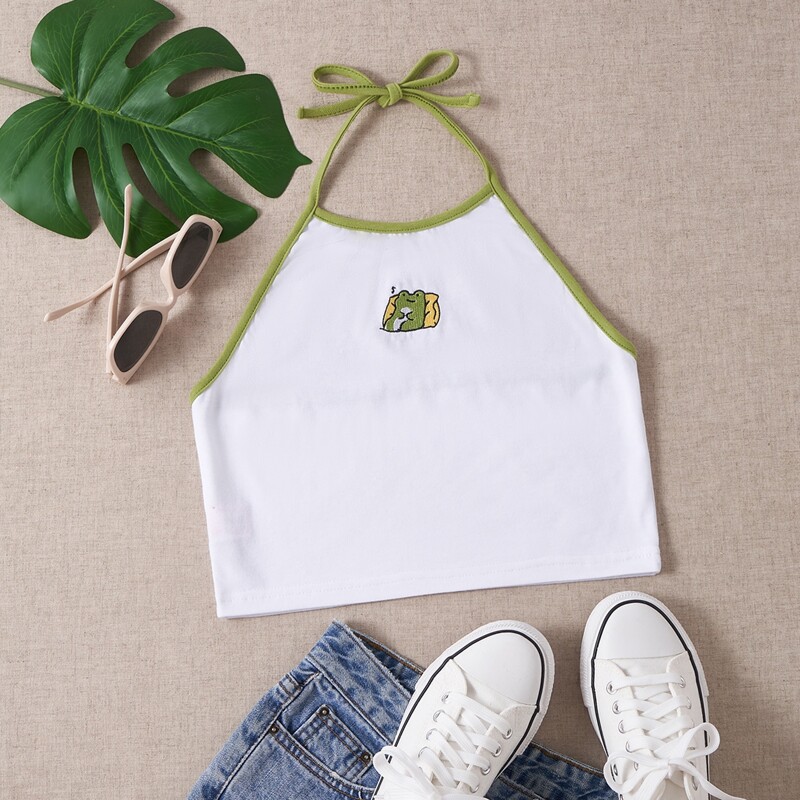 

Cartoon Frog Embroidery Ringer Halter Top, White