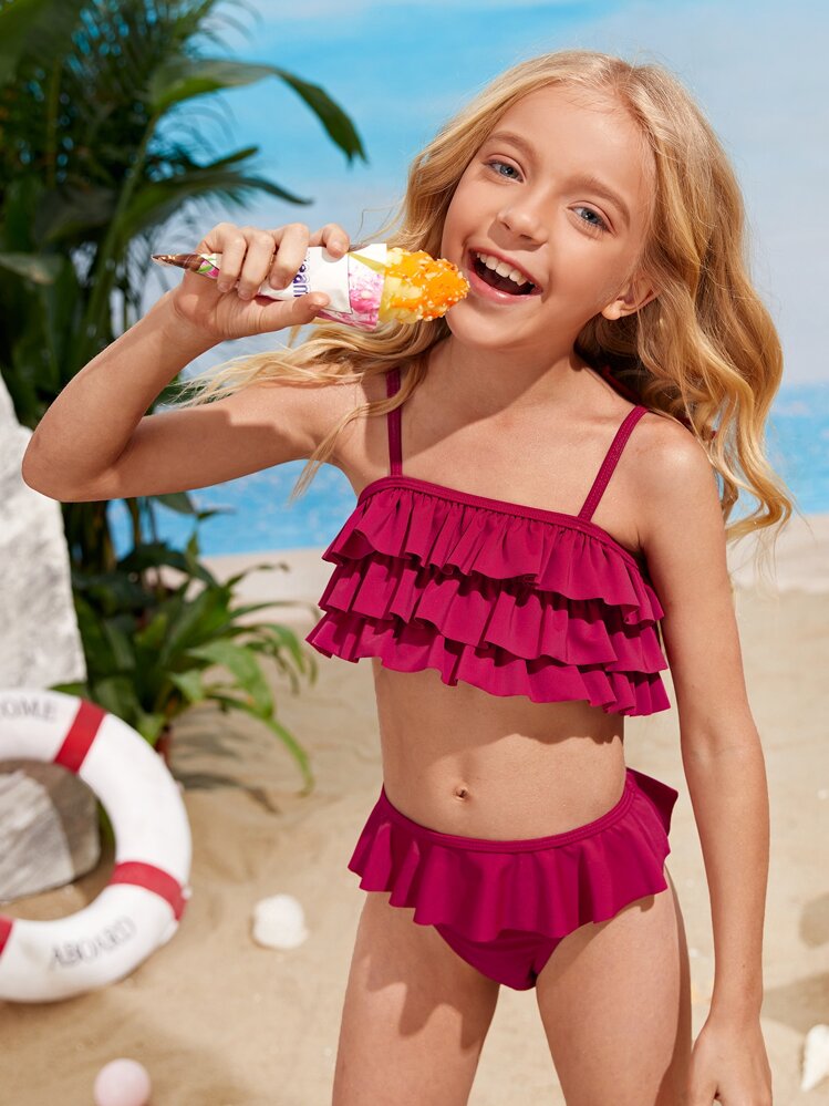 Baby Girl Ruffle Beachwear Summer Beach - Burgundy - View 1