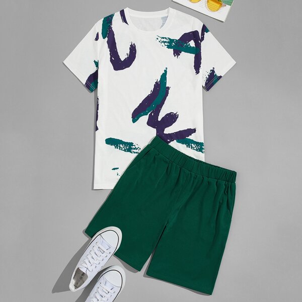 

Men Graphic Print Tee With Slant Pocket Track Shorts, Multicolor