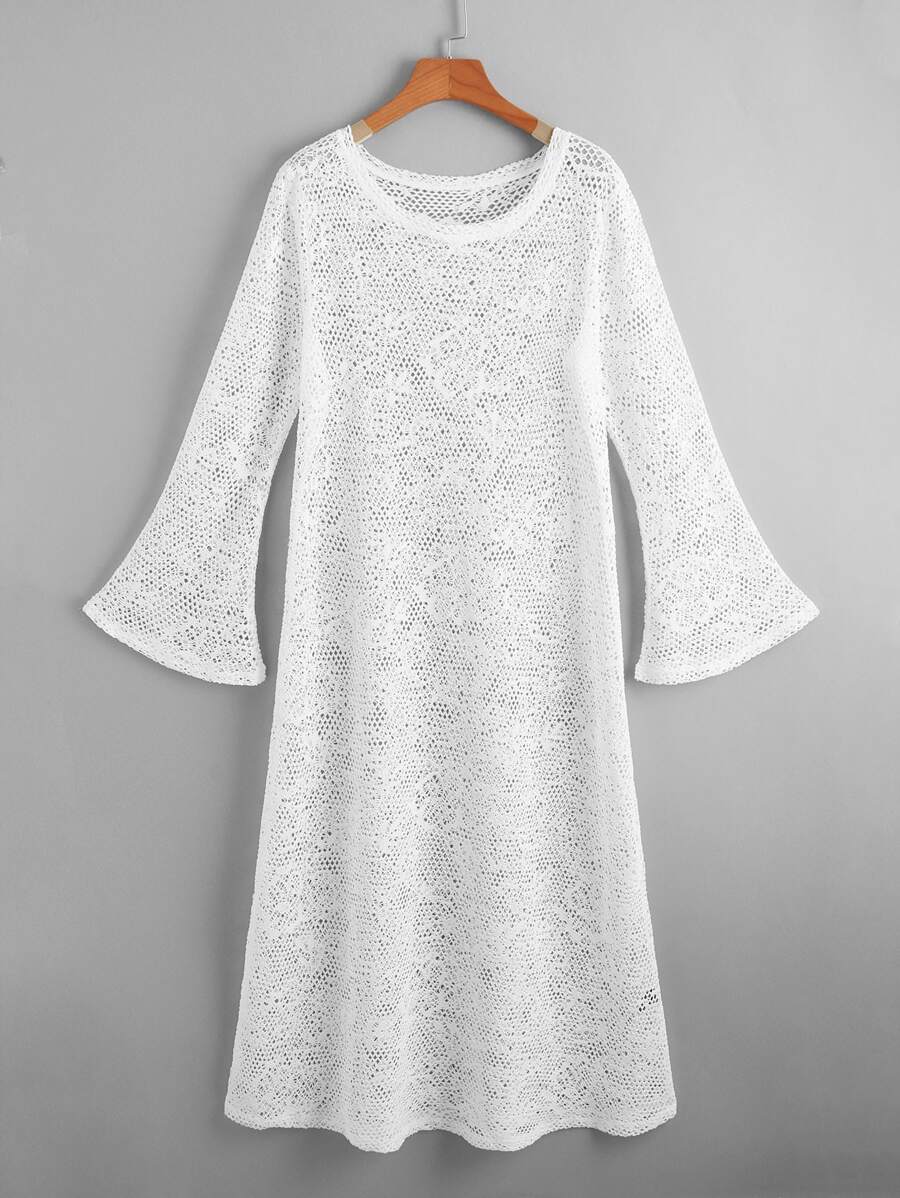 SHEIN Plus Bell Sleeve Crochet Dress - White - View 1
