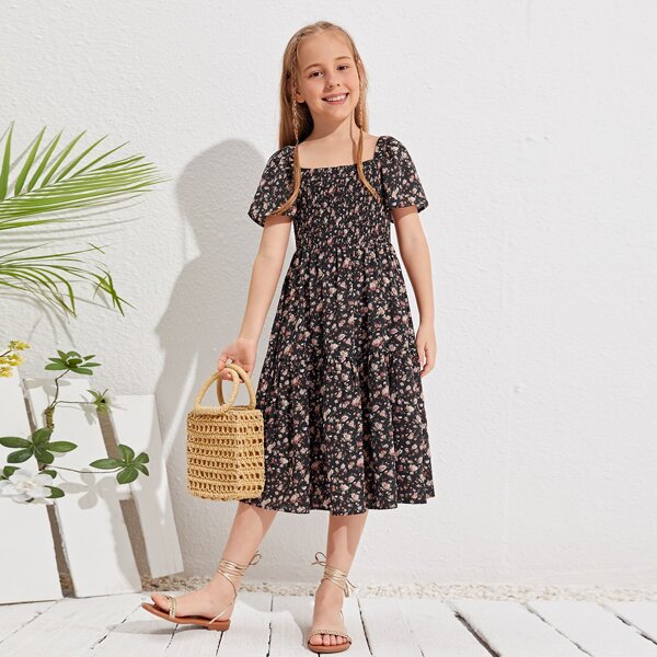 

Girls 1PC Shirred Detail Ditsy Floral Dress, Black