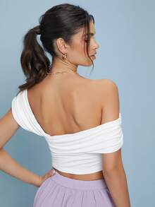 SHEIN 不對稱肩抽褶細節短版上衣 - 白色 - 查看 2