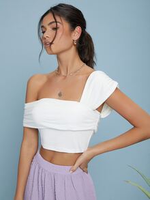 SHEIN 不對稱肩抽褶細節短版上衣 - 白色 - 查看 4