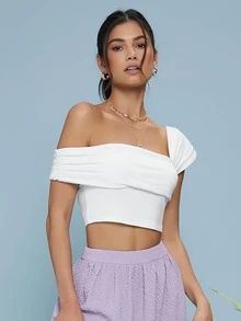 SHEIN 不對稱肩抽褶細節短版上衣 - 白色 - 查看 5