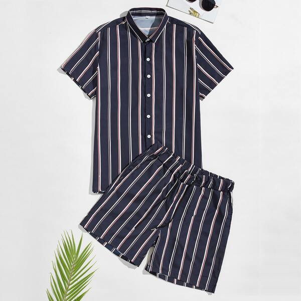 

Men Striped Button Up Shirt & Shorts, Black
