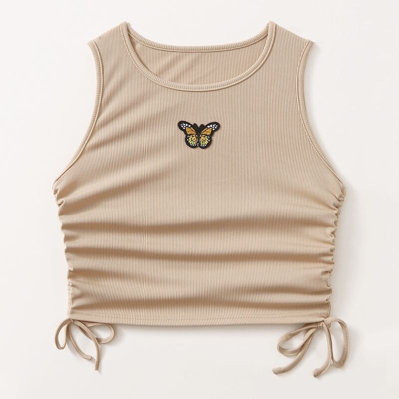 

Butterfly Graphic Drawstring Ruched Tank Top, Apricot