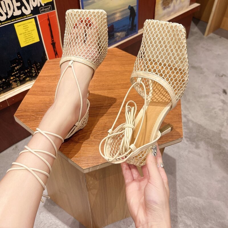 

Tie Leg Mesh Stiletto Heeled Sandals, Beige